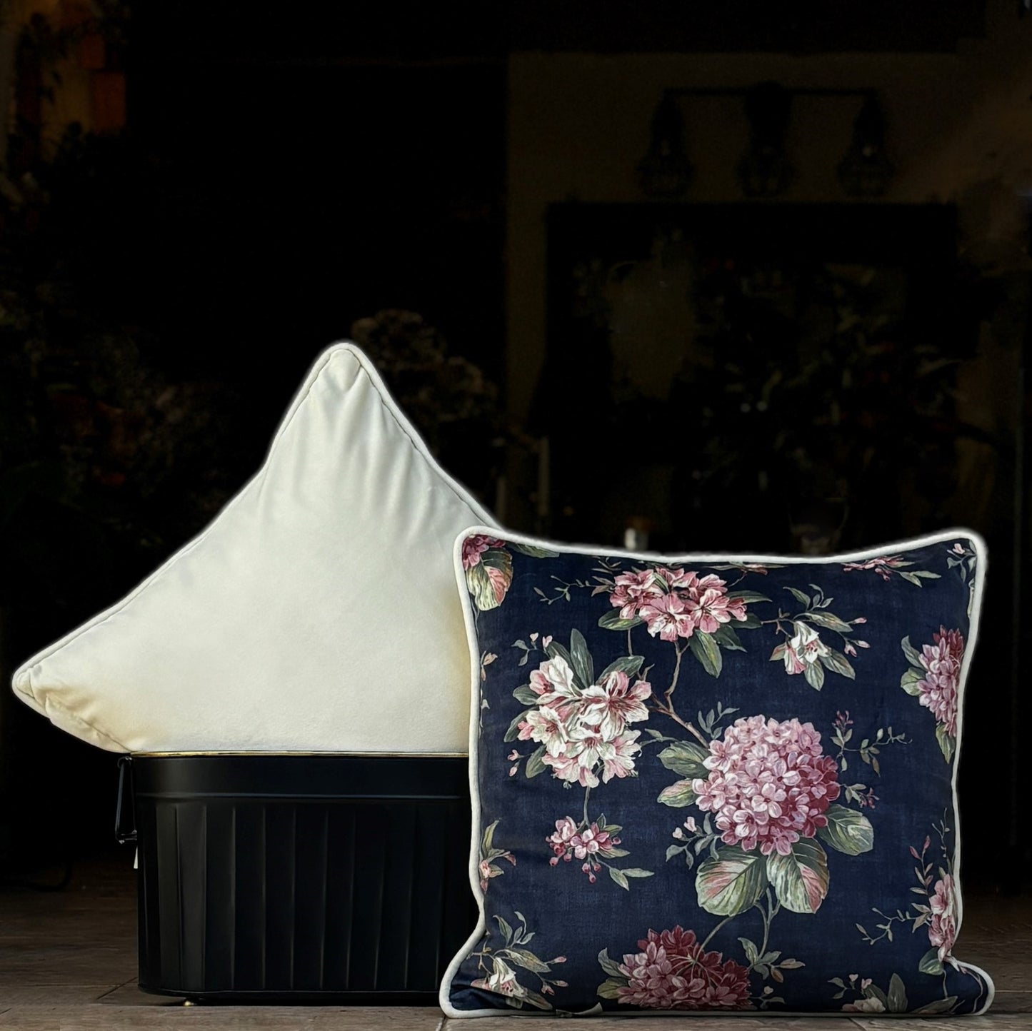 Blue Floral Velvet Cushion Cover 16 x 16