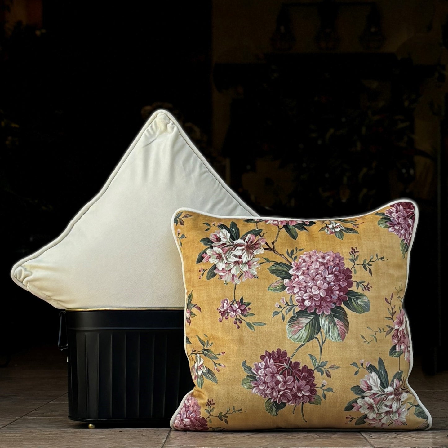 Yellow Floral Velvet Cushion Cover 16 x 16