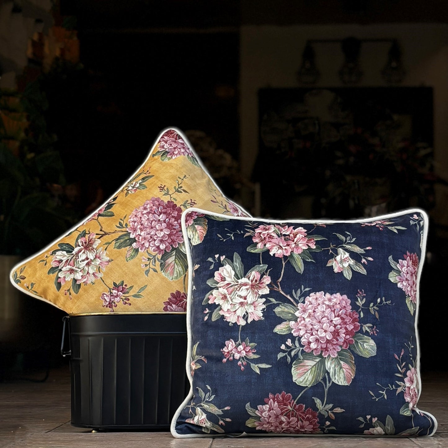 Yellow Floral Velvet Cushion Cover 16 x 16