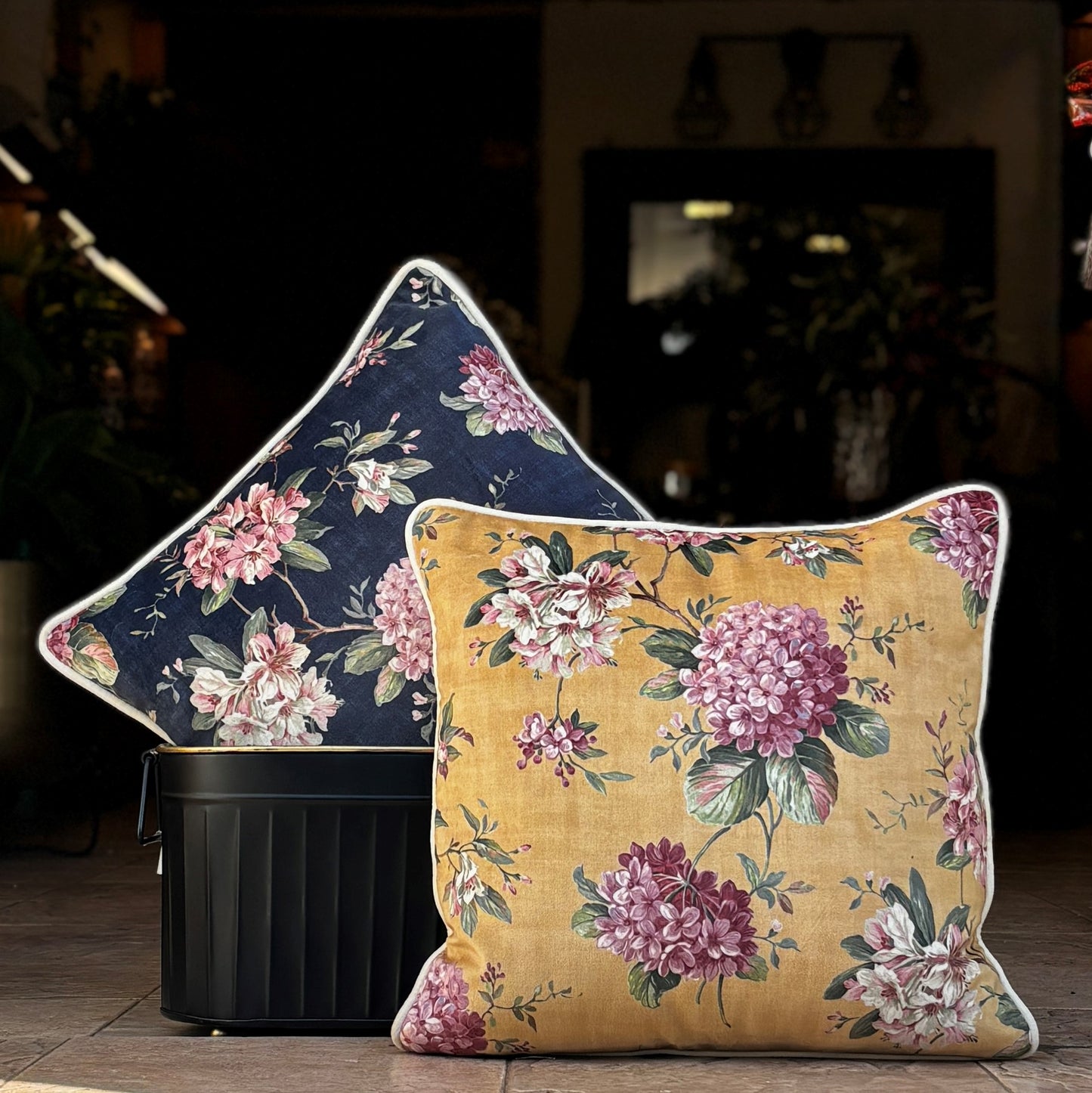Blue Floral Velvet Cushion Cover 16 x 16