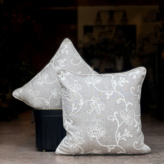 Floral Embroidered Linen Cushion Cover 16 x 16