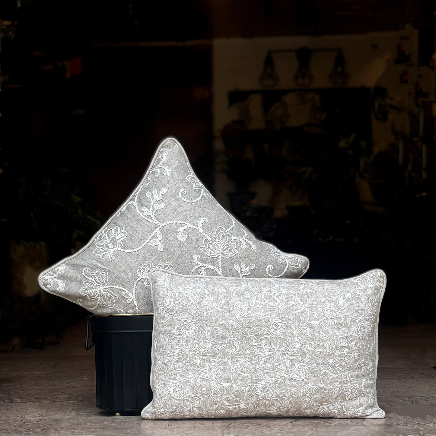 Floral Embroidered Linen Cushion Cover 16 x 16