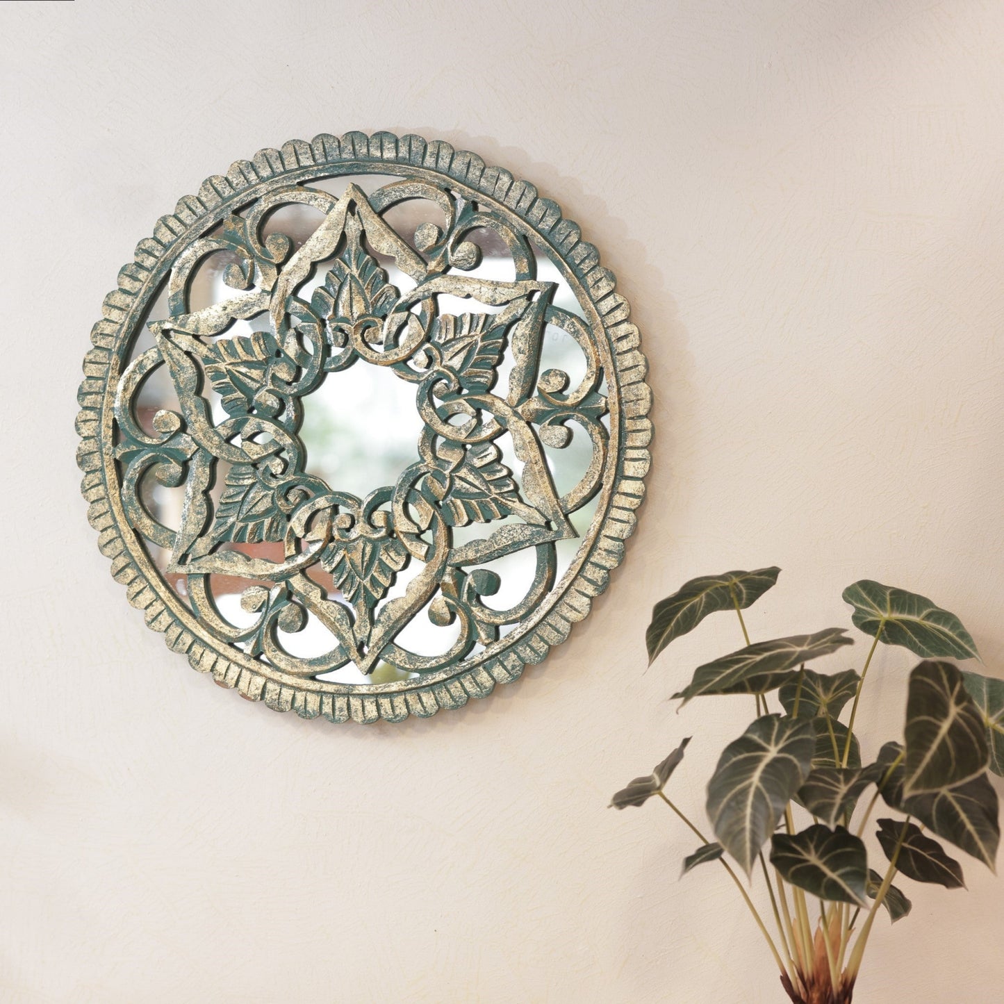 Wooden Carved Mirror Panel Turquoise