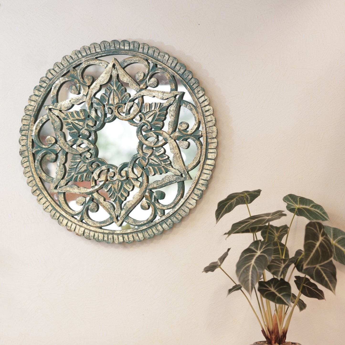 Wooden Carved Mirror Panel Turquoise