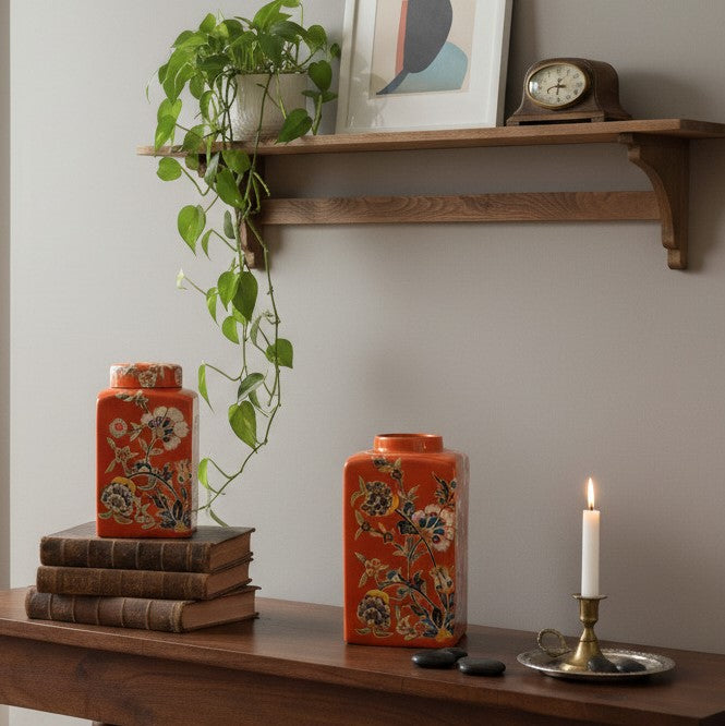 Handpainted Orange Ceramic Decorative Jar With Lid