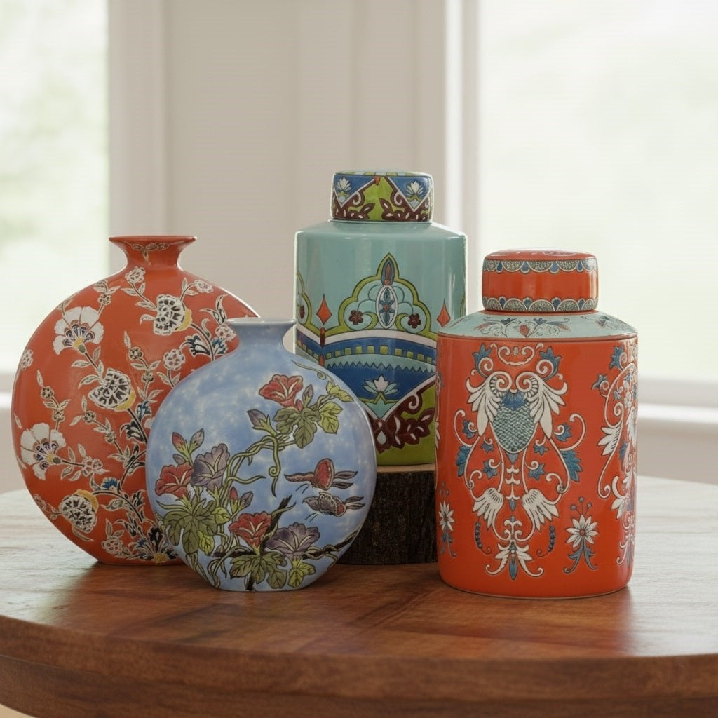 Handpainted Green Ceramic Decorative Jar With Lid