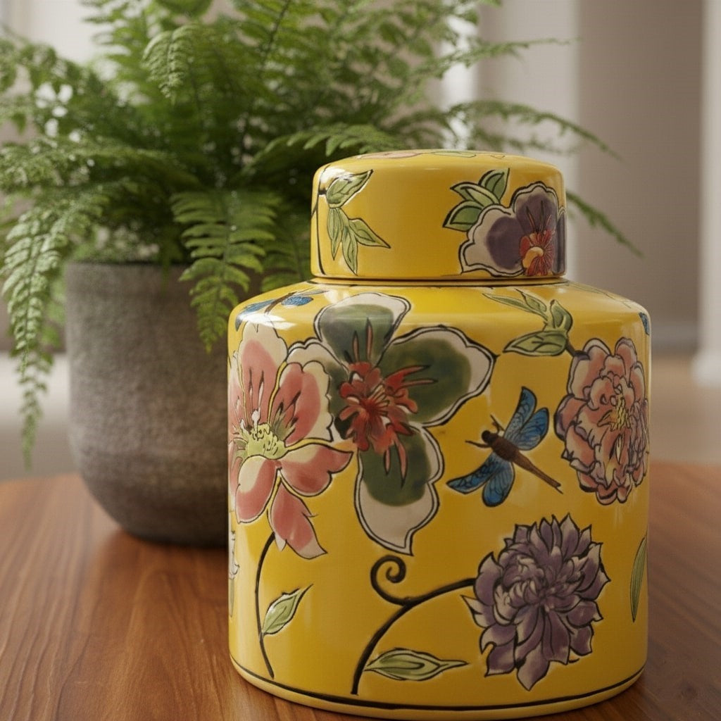 Handpainted Yellow Floral Decorative Jar With Lid