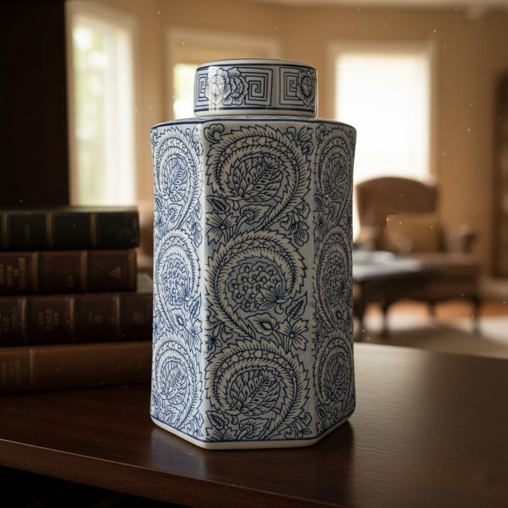 Blue And White Decorative Mughal Bloom Jar With Lid