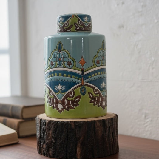 Handpainted Green Ceramic Decorative Jar With Lid