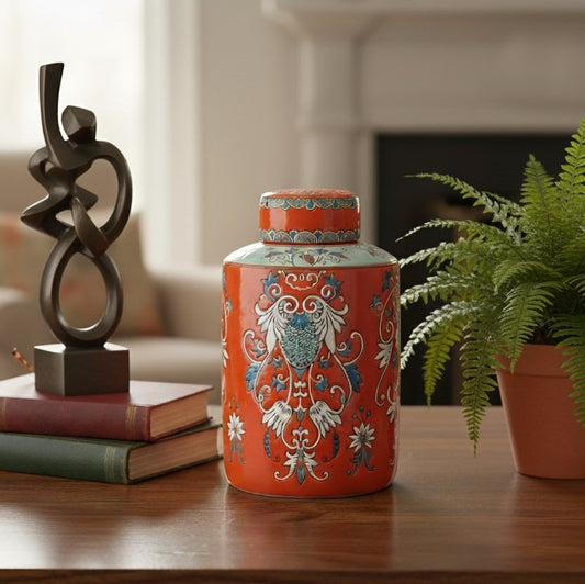 Handpainted Orange Ceramic Decorative Round Jar With Lid