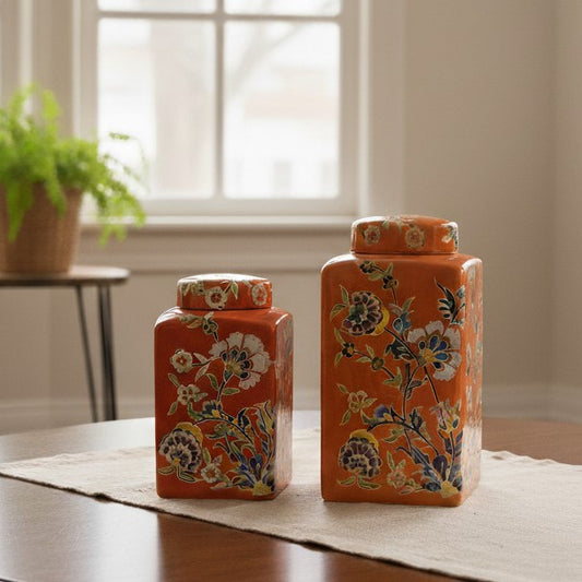 Handpainted Orange Ceramic Decorative Jar With Lid