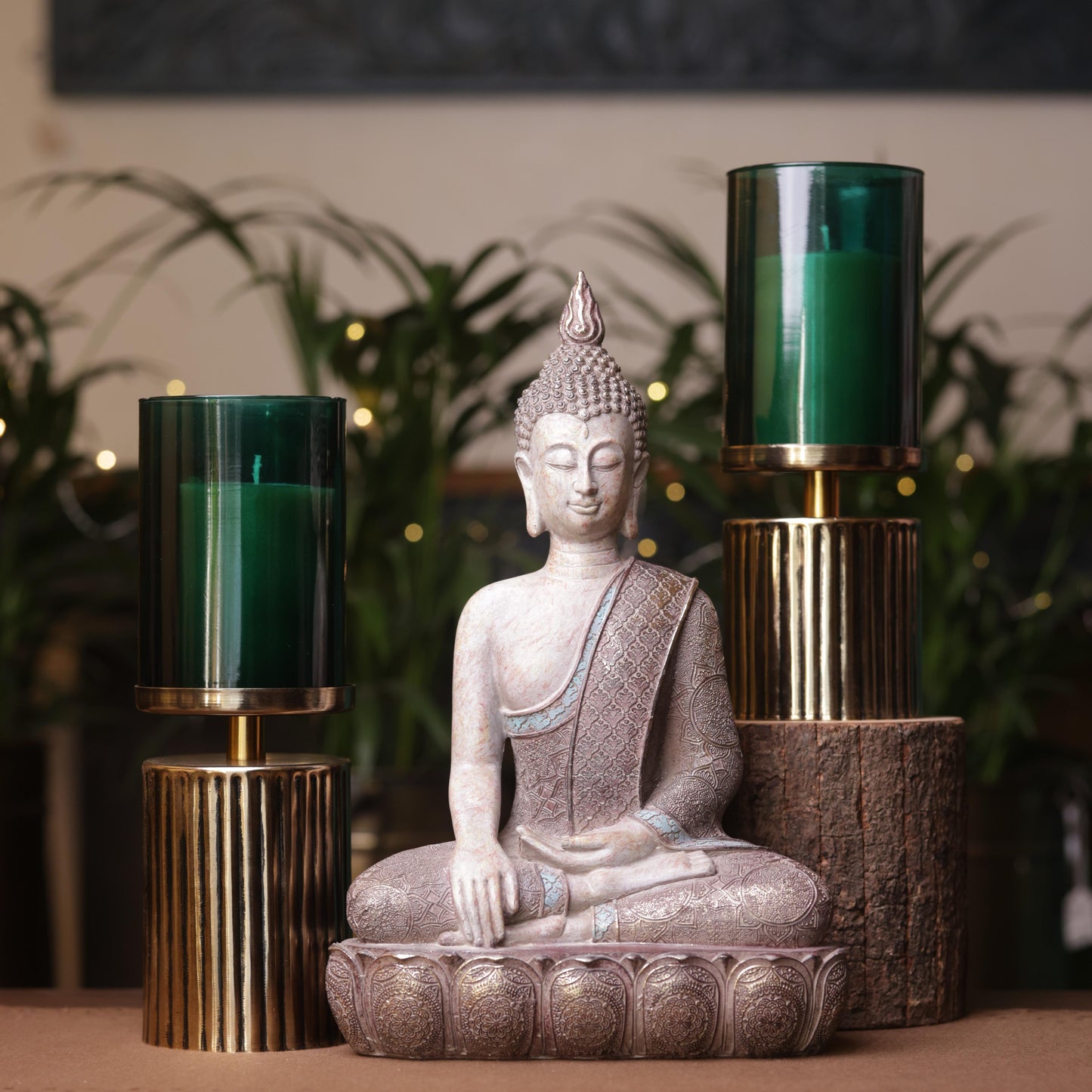 Antique Gold Ribbed Candlestand - Green