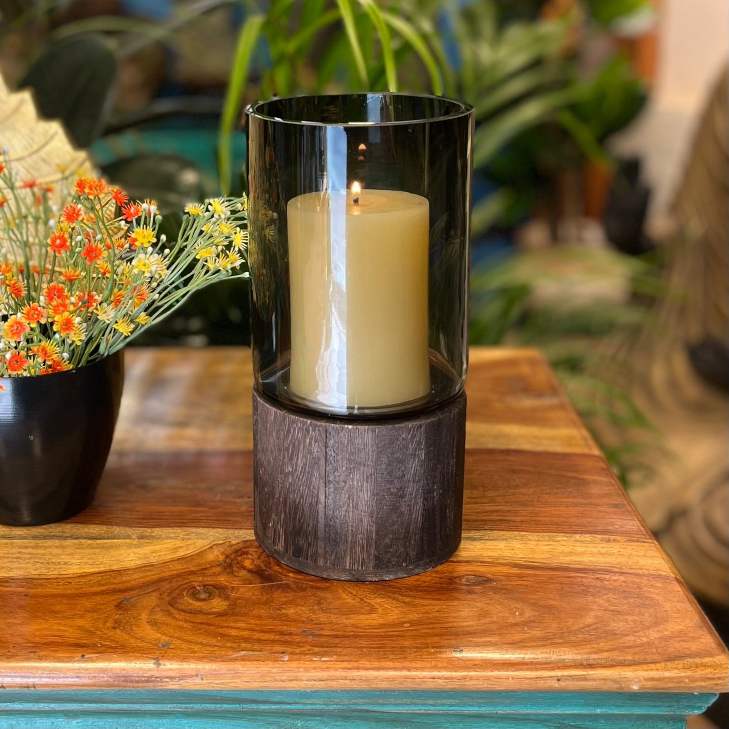 Modern Glass Candlestand with Wooden Base