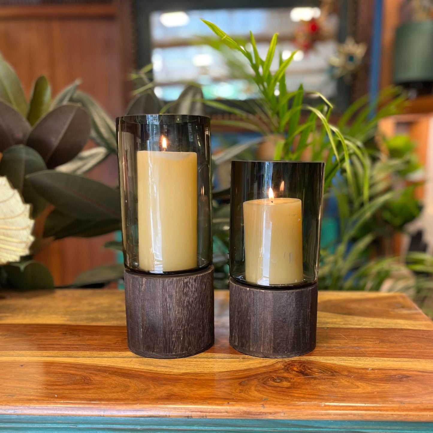 Modern Glass Candlestand with Wooden Base