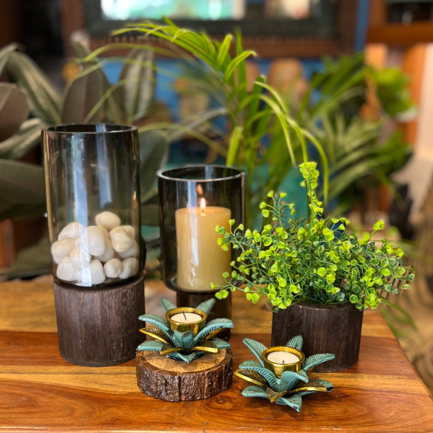 Modern Glass Candlestand with Wooden Base