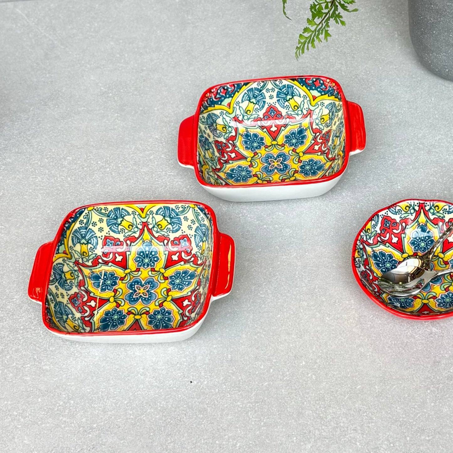 Red Ceramic Square Deep Bowl - Set of 2