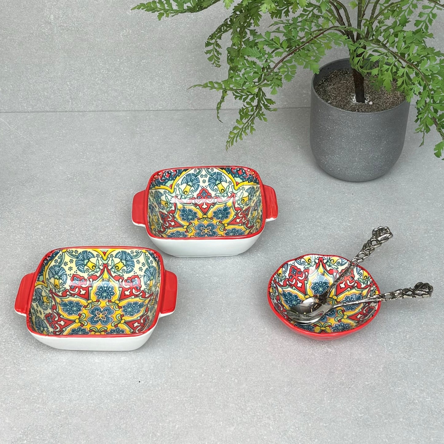 Red Ceramic Square Deep Bowl - Set of 2