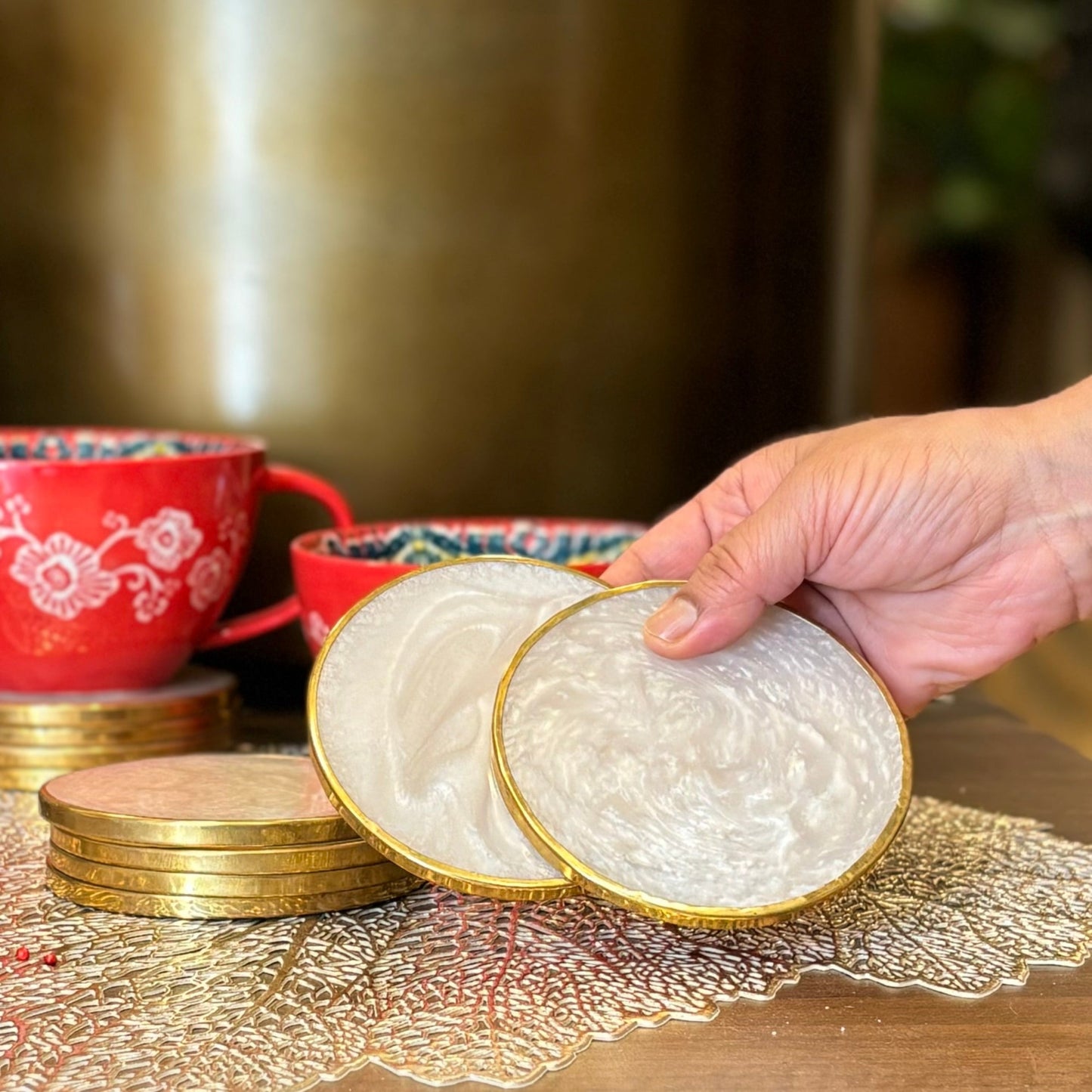 Round Gold Rim Coasters - Set of 6