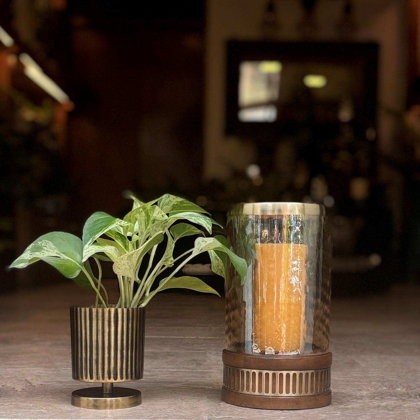 Amber Glass Hurricane With Wooden Base