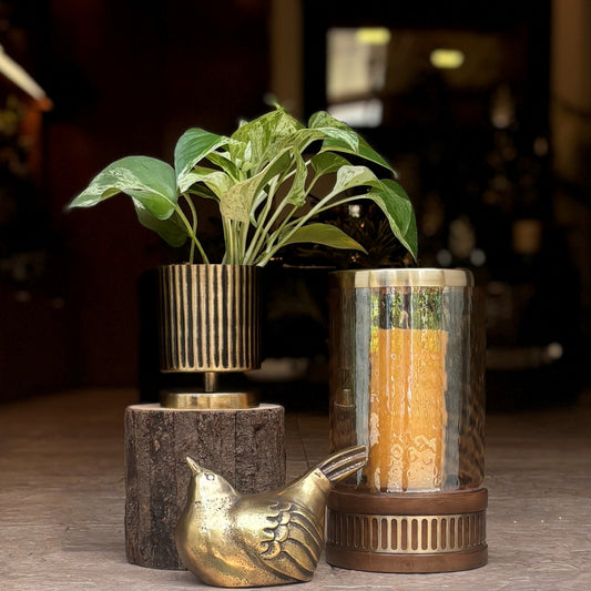 Amber Glass Hurricane With Wooden Base