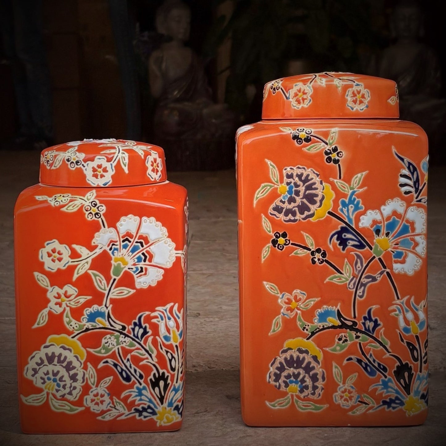 Handpainted Orange Ceramic Decorative Jar With Lid