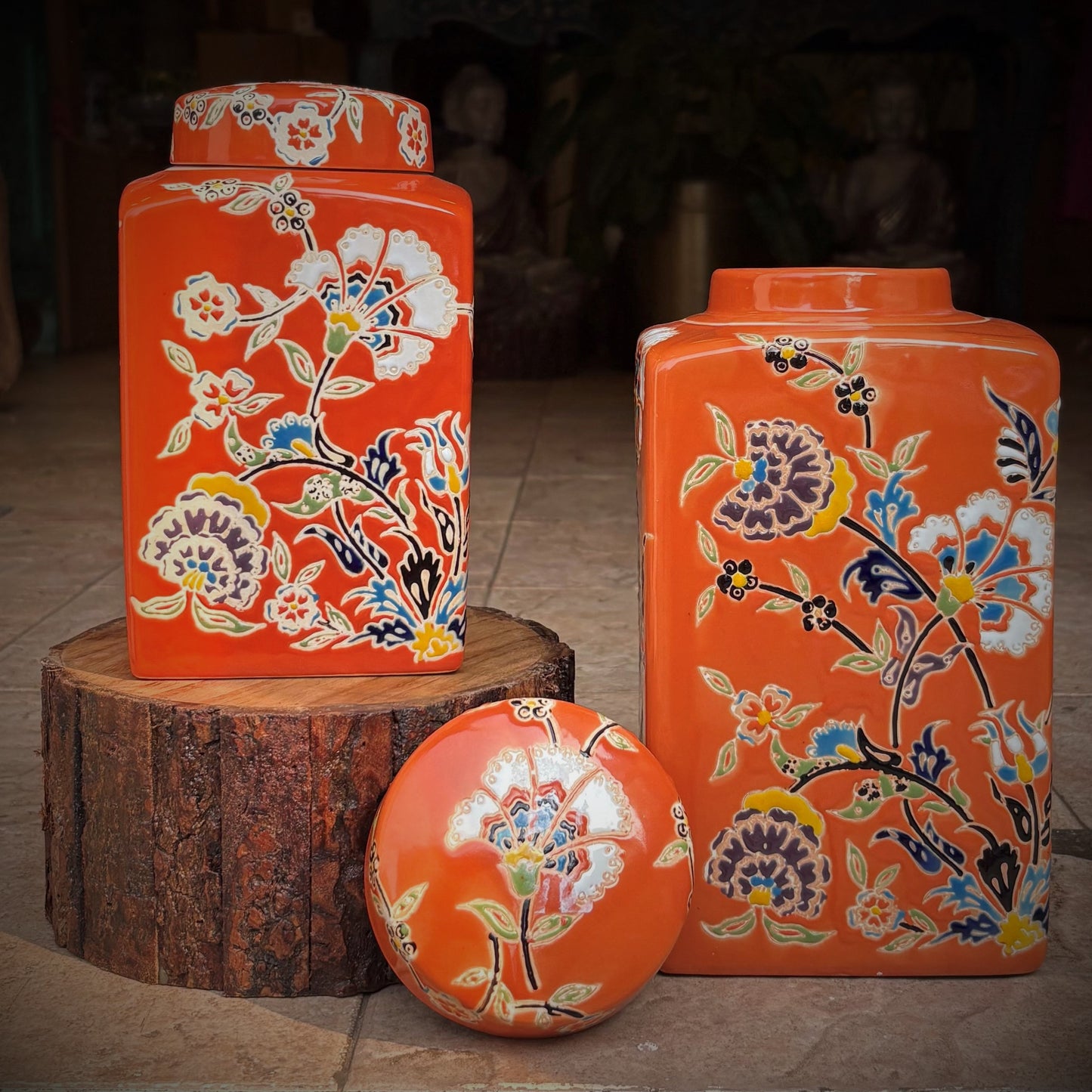 Handpainted Orange Ceramic Decorative Jar With Lid