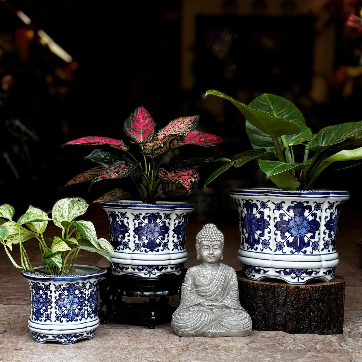 Blue And White Porcelain Floral Round Planter
