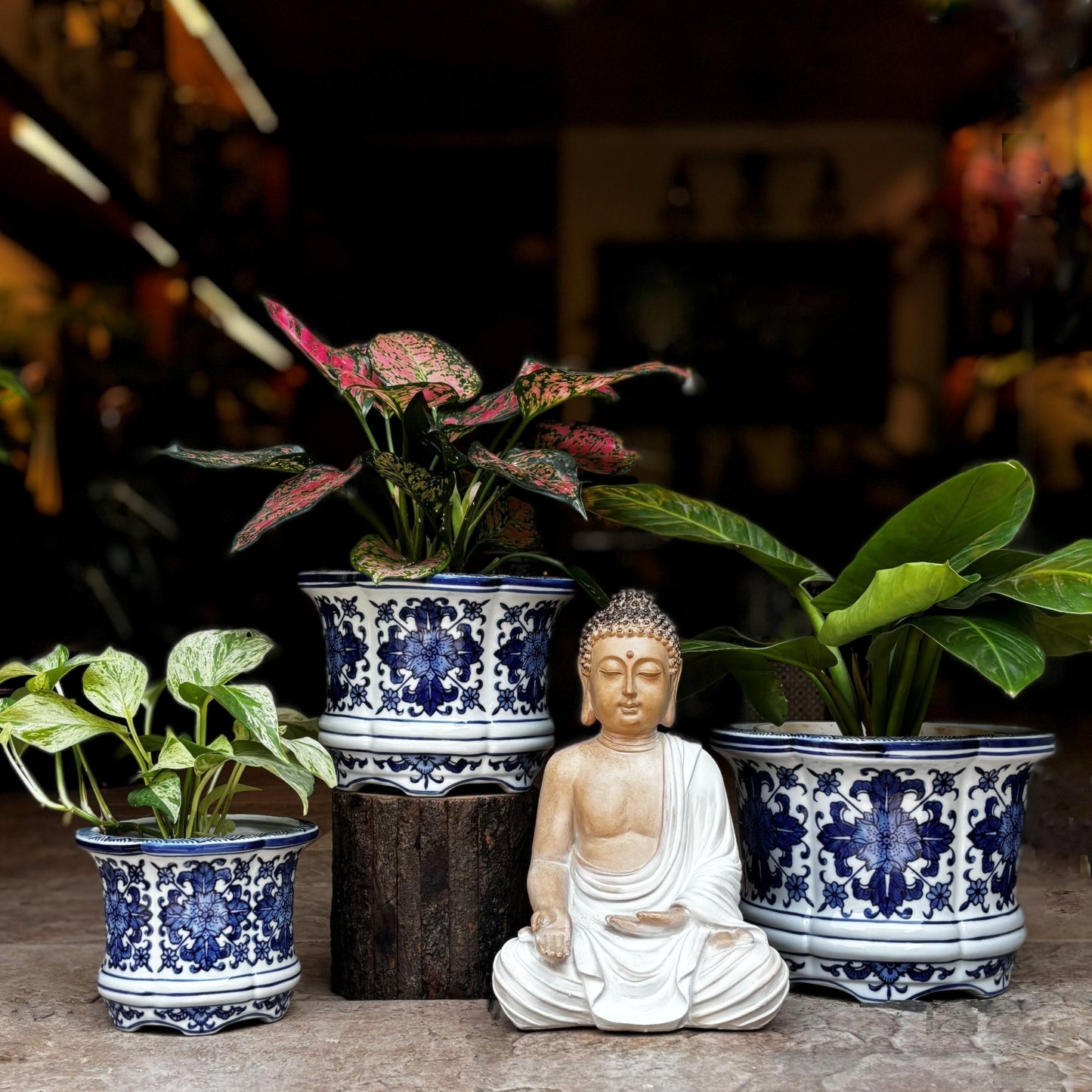 Blue And White Porcelain Floral Round Planter