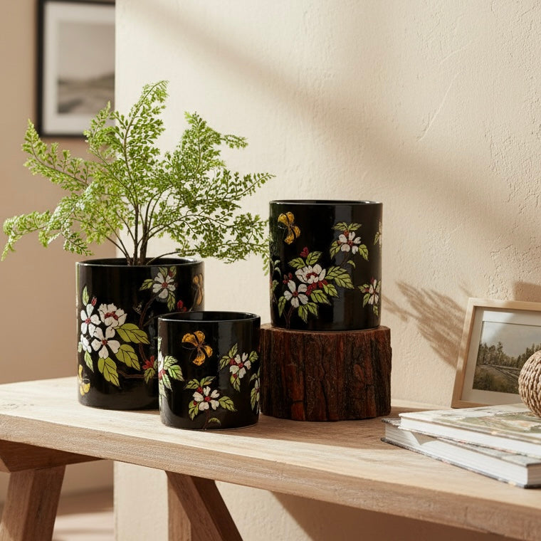 Black Floral Ceramic Planter
