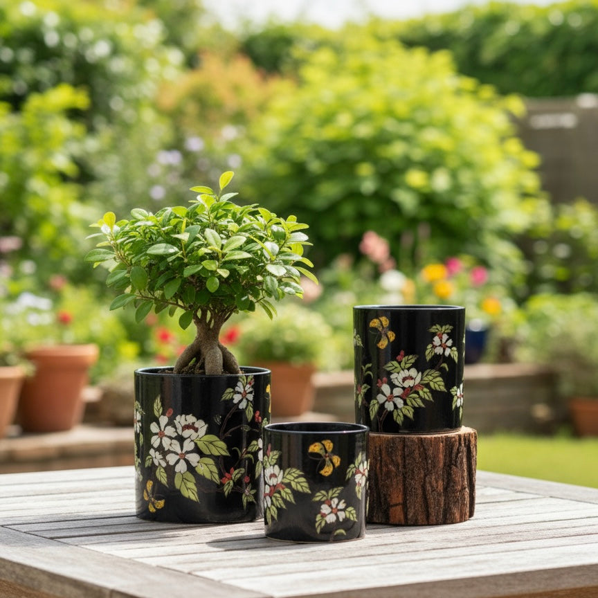 Black Floral Ceramic Planter