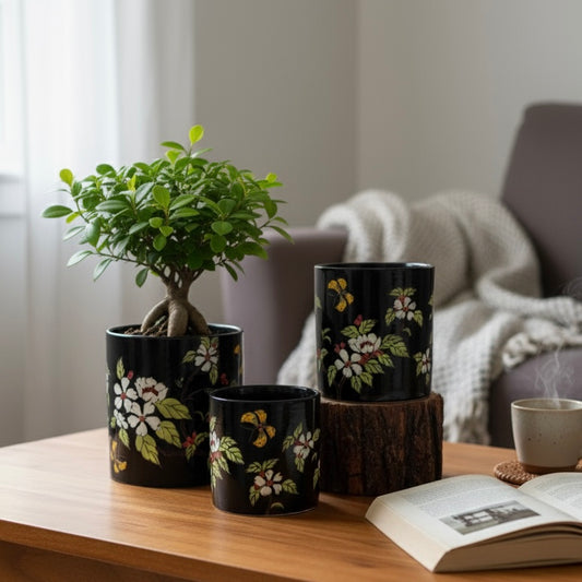 Black Floral Ceramic Planter