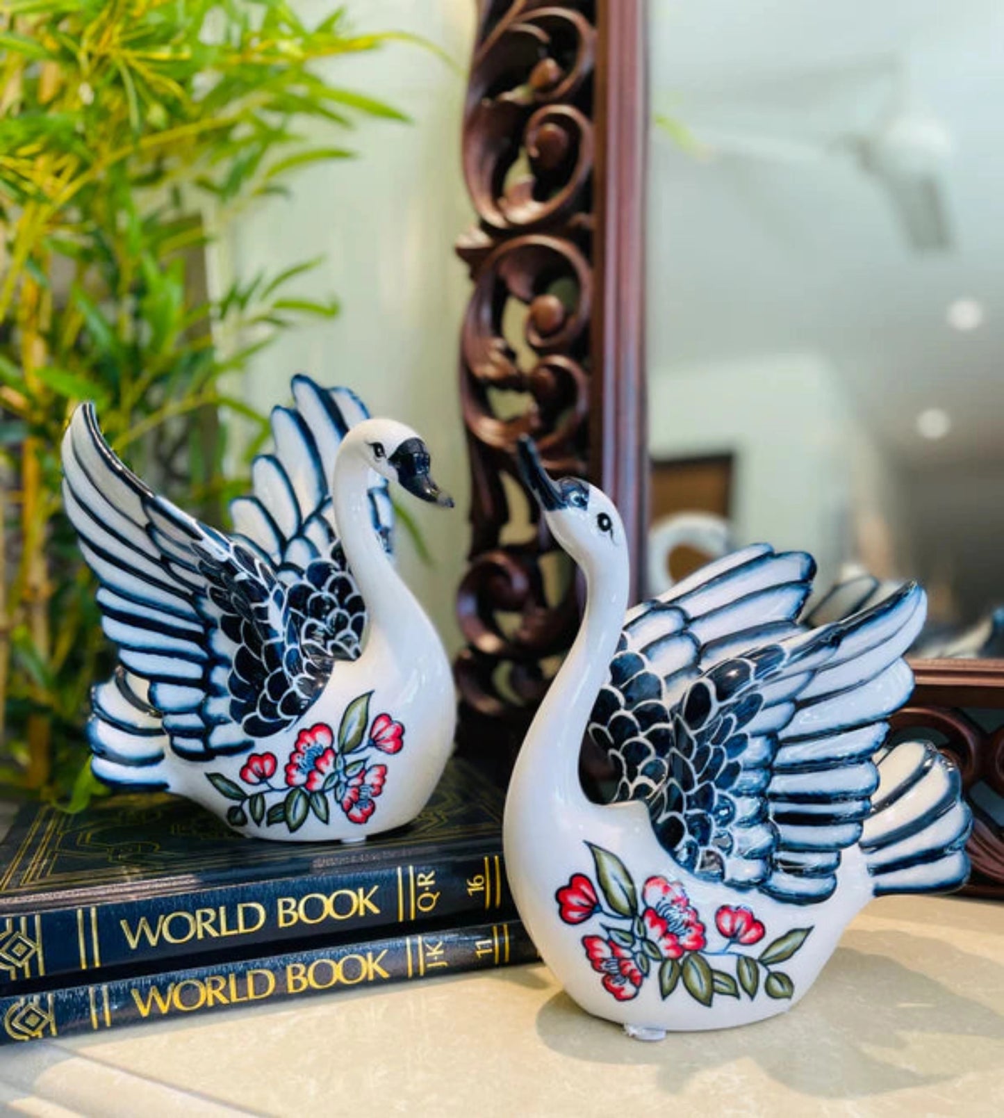 Blue and White Porcelain Swan Pair