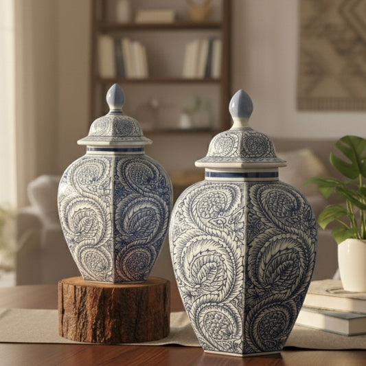 Decorative Ceramic Blue And White Temple Jar