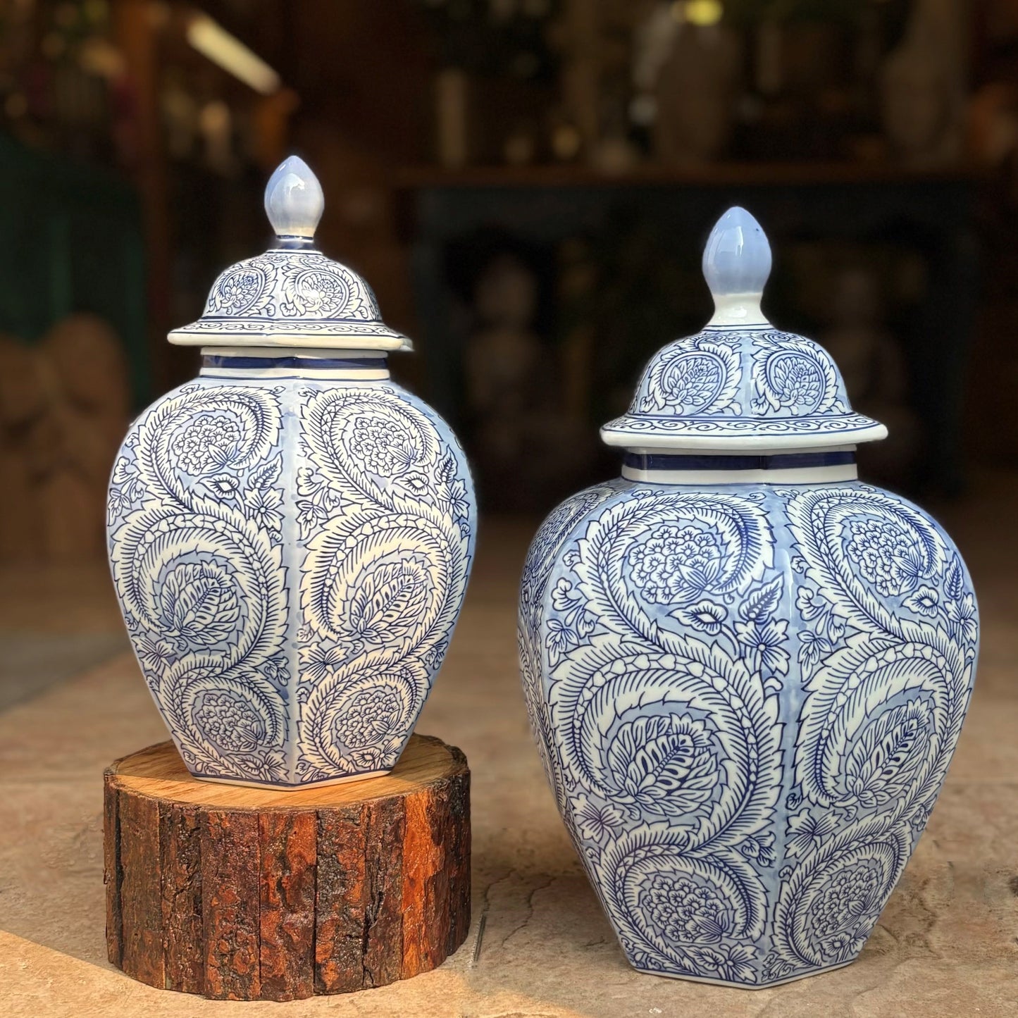 Decorative Ceramic Blue And White Temple Jar