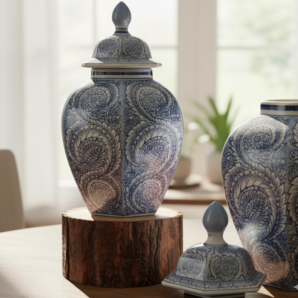 Decorative Ceramic Blue And White Temple Jar
