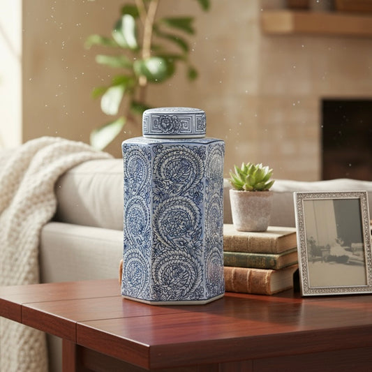 Blue And White Decorative Mughal Bloom Jar With Lid