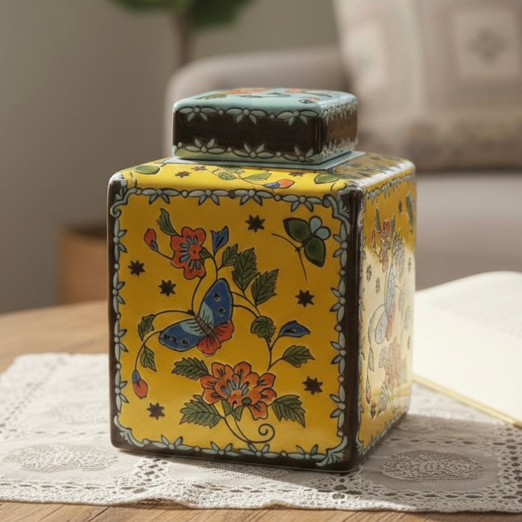 Handpainted Dual Color Decorative Ceramic Butterfly Jar With Lid