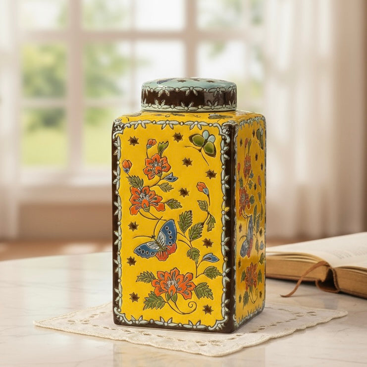 Handpainted Dual Color Decorative Ceramic Butterfly Jar With Lid