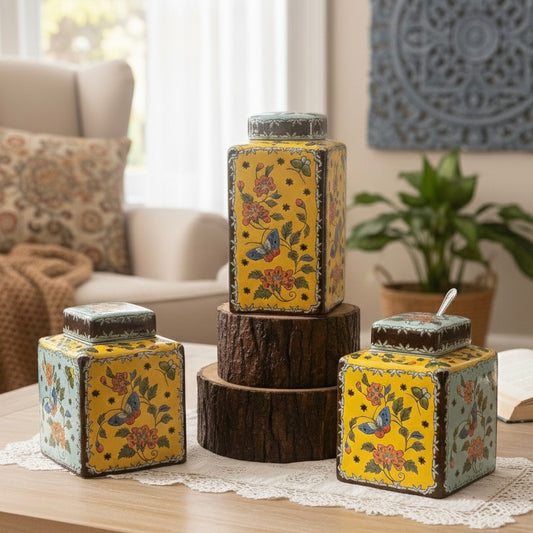 Handpainted Dual Color Decorative Ceramic Butterfly Jar With Lid