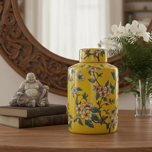 Handpainted Yellow Ceramic Decorative Round Jar With Lid