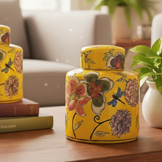 Handpainted Yellow Floral Decorative Jar With Lid