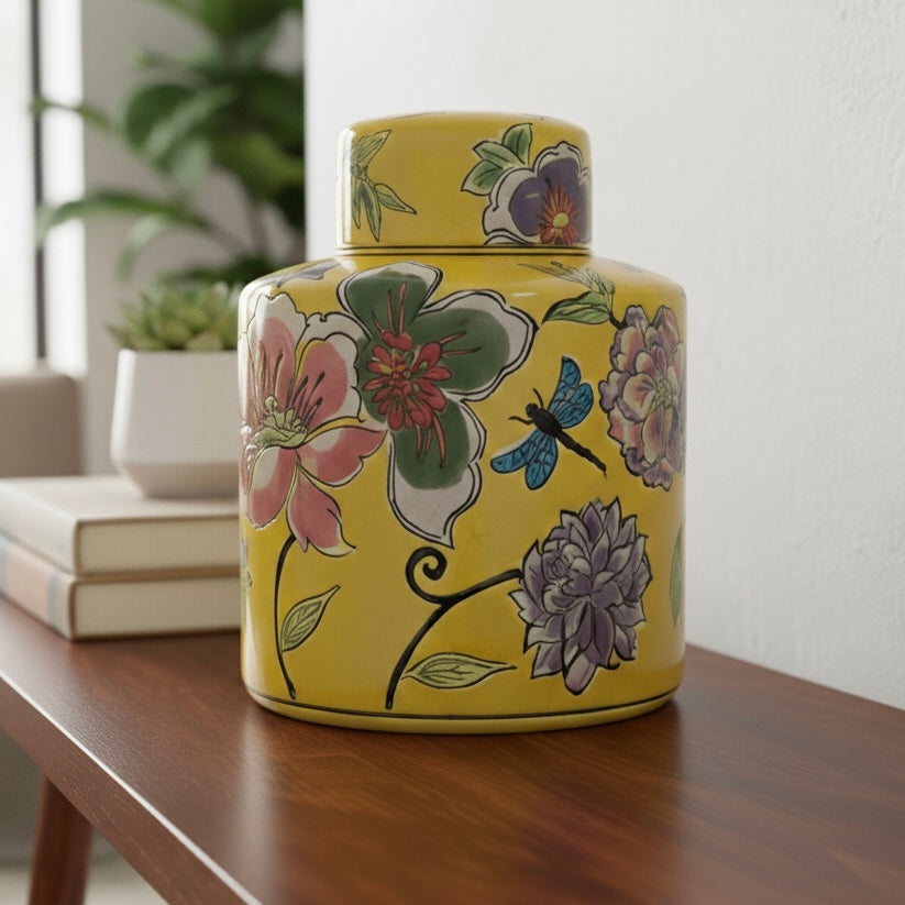 Handpainted Yellow Floral Decorative Jar With Lid