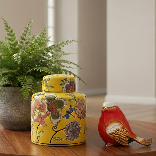 Handpainted Yellow Floral Decorative Jar With Lid