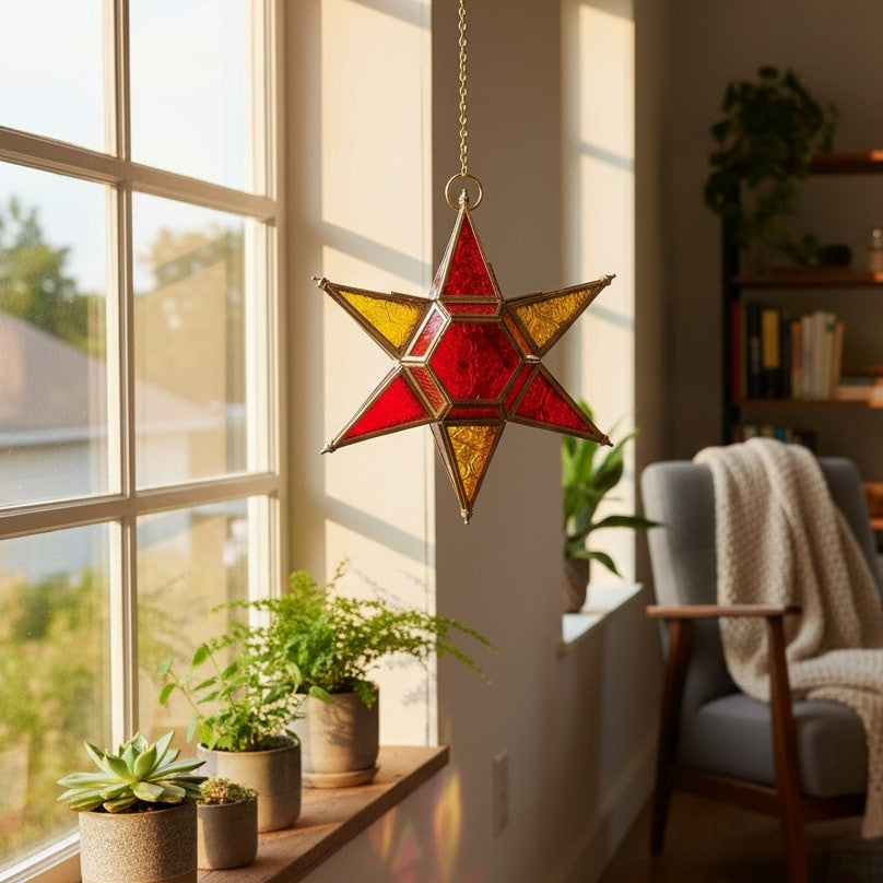 Hanging Star Lantern Red & Amber