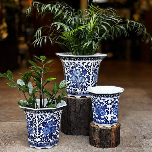 Blue And White Porcelain Octagonal Tall Planter