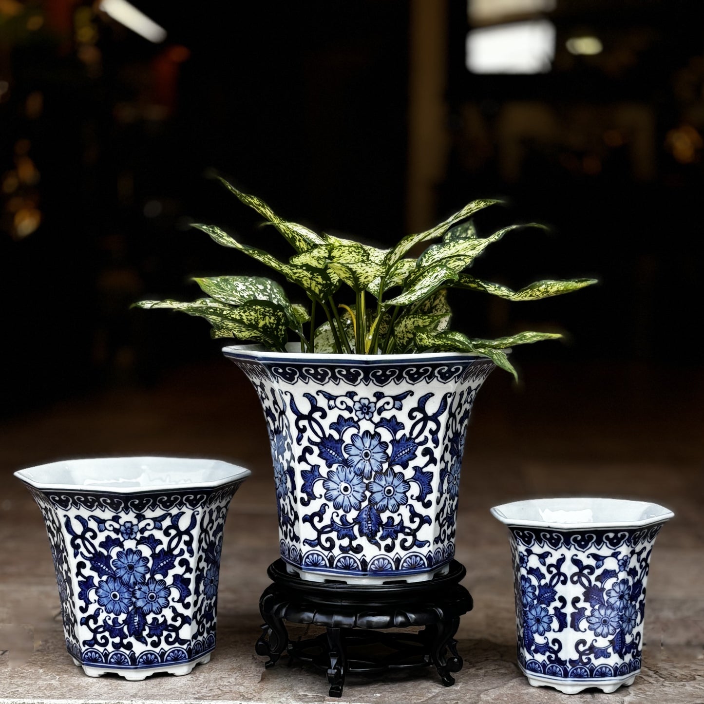 Blue And White Porcelain Octagonal Tall Planter