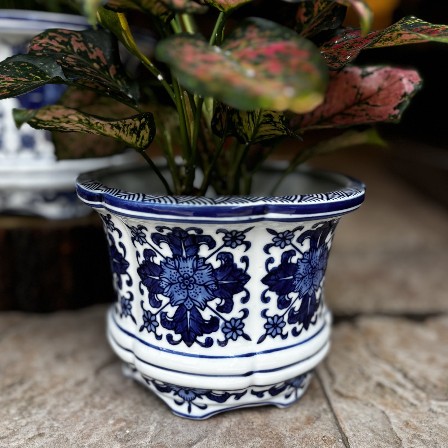 Blue And White Porcelain Floral Round Planter