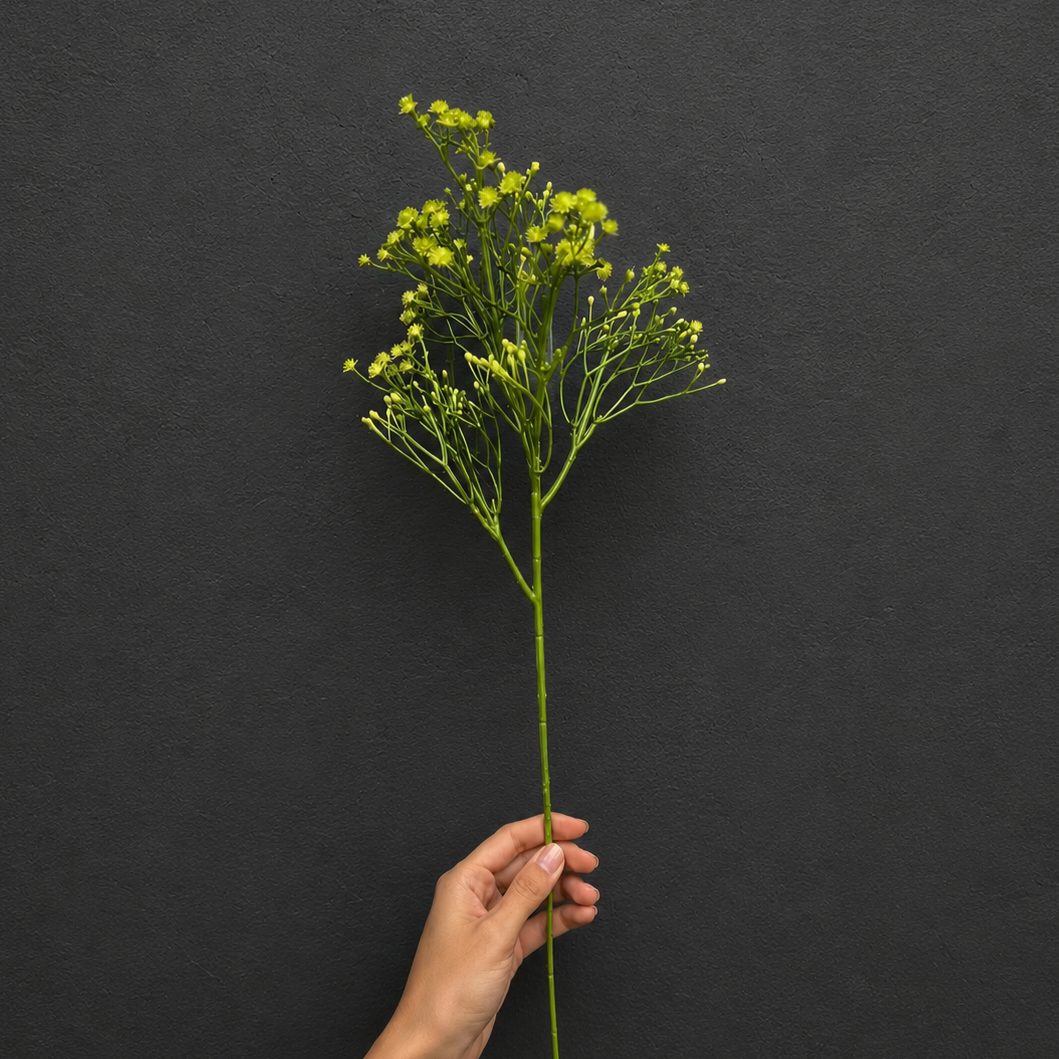Single Artificial Baby Breath Stem in green with realistic branching and delicate blooms for floral arrangements.