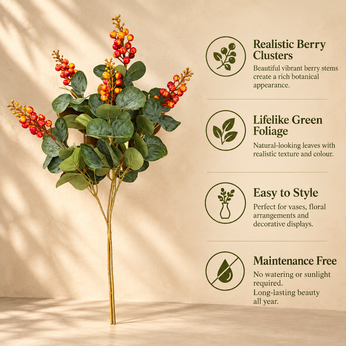Artificial berry eucalyptus stem featuring realistic berry clusters, lifelike green foliage, easy styling and maintenance-free beauty.