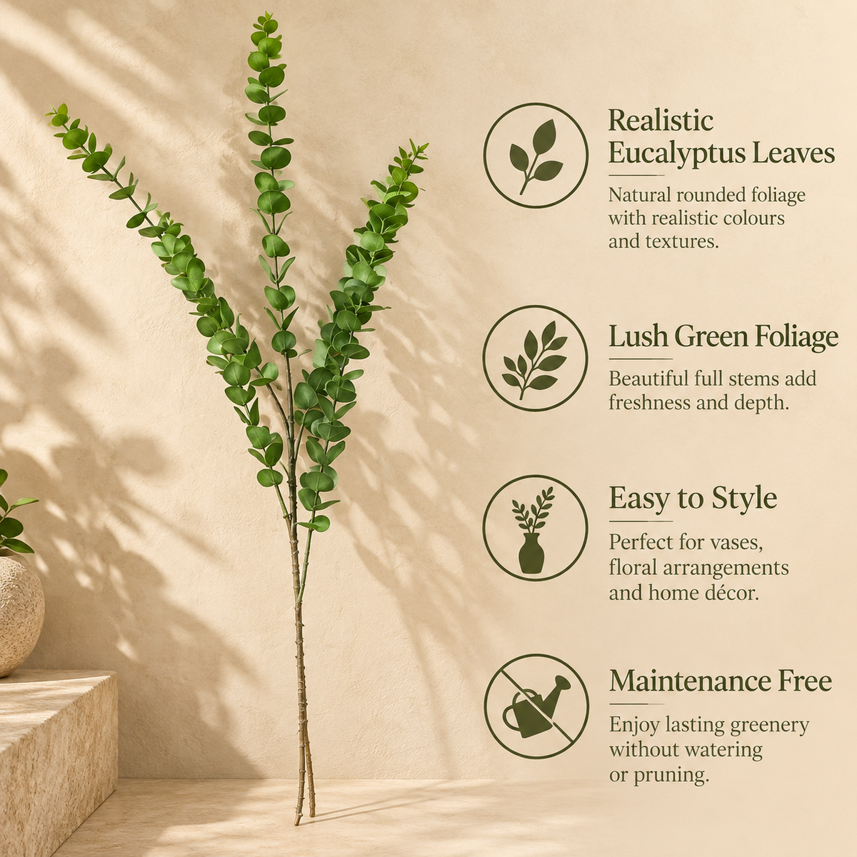 Features of the artificial eucalyptus foliage bunch including realistic eucalyptus leaves, lush green foliage, easy styling, and maintenance-free design.